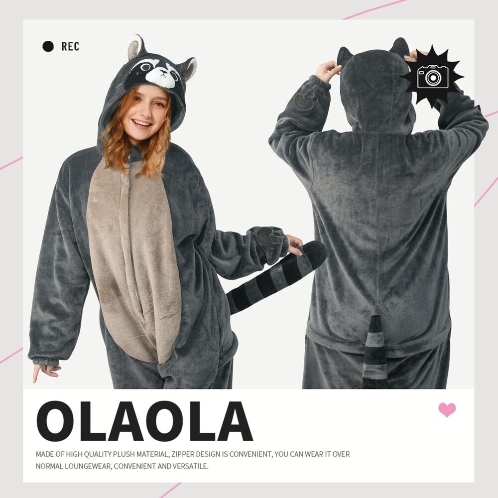 4847 Adult Animal Onesie Unisex Raccoon Onesies Plush Cosplay Pajamas - Picture 3 of 7